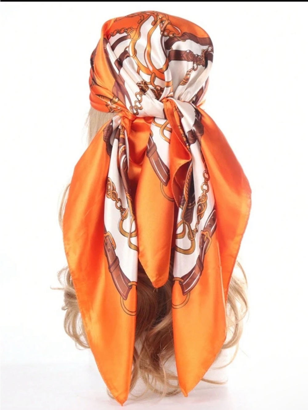 Orange Chain-Print Silk Scarf and Orange Enamel Bracelet Set